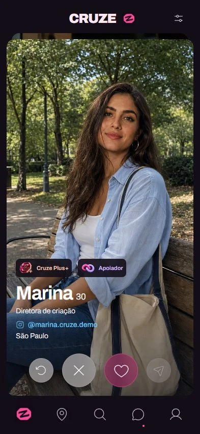 Tela completa do app Cruze com perfil fictício de demonstração